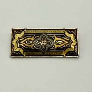 Vintage Damascene Toledo Style Long Rectangle Shape Brooch w Trombone Clasp 2”